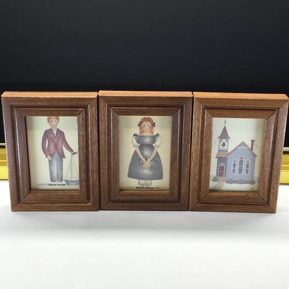 Vintage Folk Art Primitive Tile Painted By Mimi Rectangular Framed Wall Hanging
